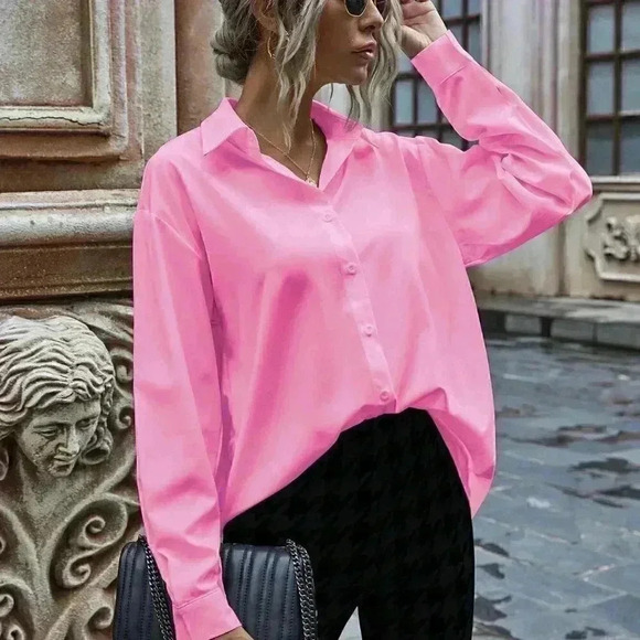 Pink Preppy Womens Solid Button Up Drop Shoulder Shirt - Picture 1 of 4